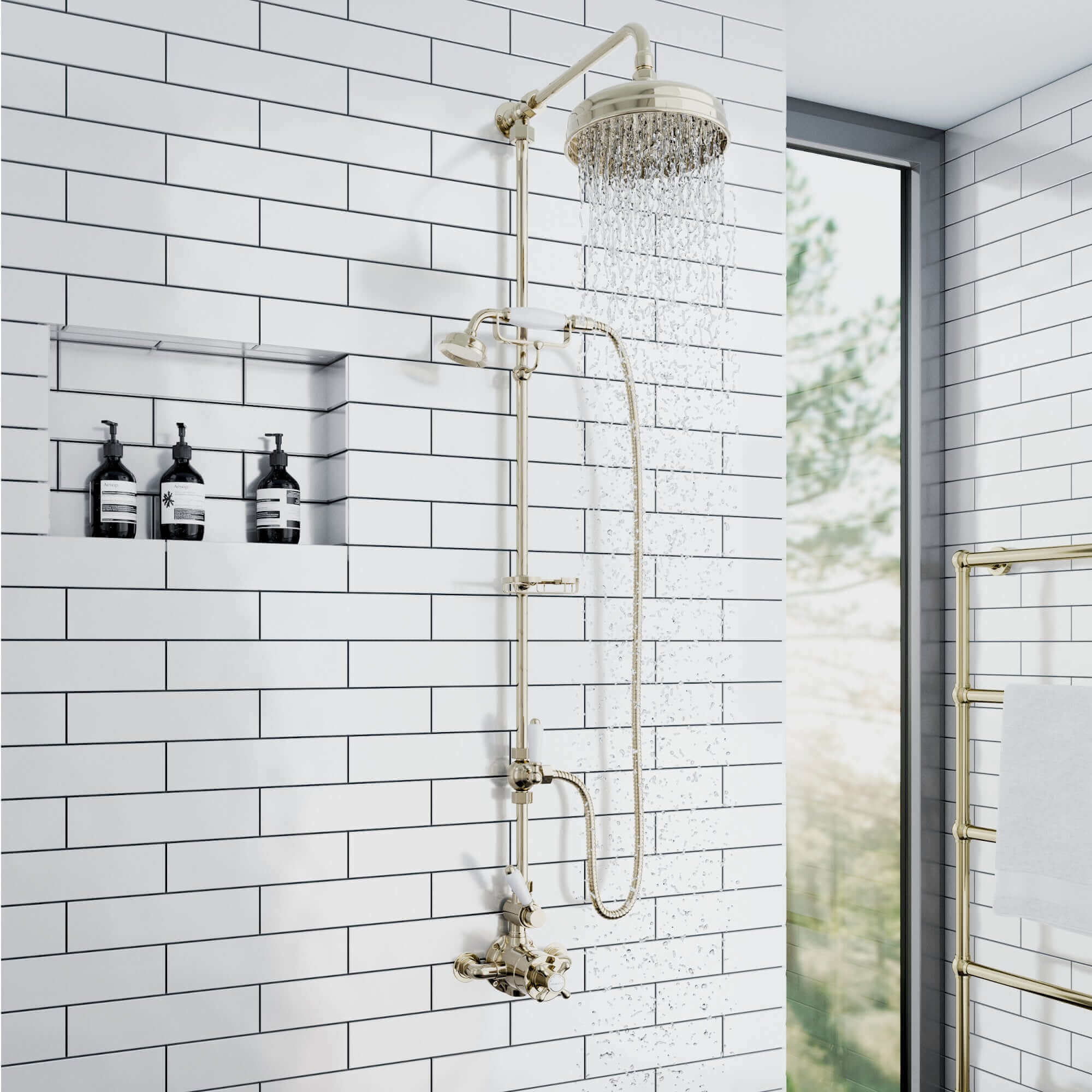 Buy Downton Exposed Traditional Thermostatic Shower Set 2 Outlet Incl. Twin Shower Valve With Diverter, Rigid Riser Rail, 200mm Shower Head, Telephone Style Ceramic Handset & Caddy - Gold Online UK | HOUSE OF ENKI